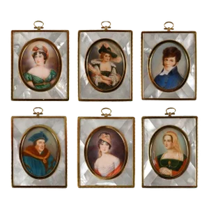 Late 19th Century French Set of Six Mother of Pearl Miniature Portraits, Framed