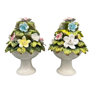 Petite Pair of Vintage Ceramic Floral Topiary Pedestals – Capodimonte Style - Cottagecore, Romantic, English Garden For Sale