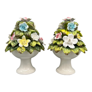 Petite Pair of Vintage Ceramic Floral Topiary Pedestals – Capodimonte Style - Cottagecore, Romantic, English Garden