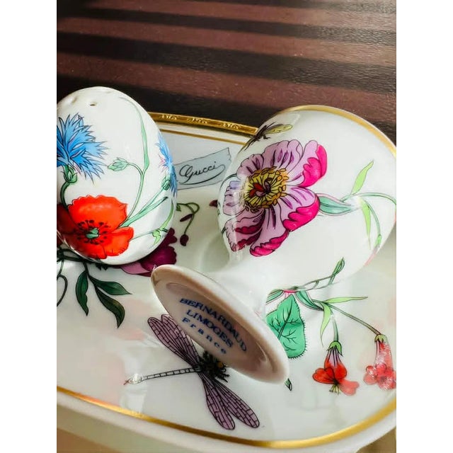 1980s Gucci Bernardaud Limoges Floral & Butterfly Print Porcelain Egg Cup and Salt Shaker Set, Made in France - 4 pcs For Sale In Los Angeles - Image 6 of 10