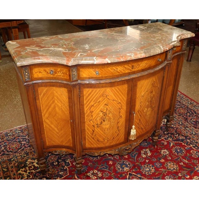 1920's French Louis XVI Style Marble Top Satinwood Inlaid Chest Dresser Commode Dimensions : 50.75" Wide X 23.5" Deep X...