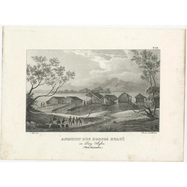 Antique print titled 'Ansicht des Dorfes Kuauï'. Im Dory Hafen. Old print with a scene of a village and harbour in New...