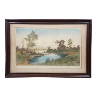 Antique George William Bohde in the Cove Colored Coastal Riverscape Etching 35" For Sale