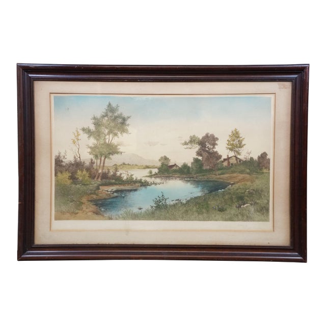 Antique George William Bohde in the Cove Colored Coastal Riverscape Etching 35" For Sale