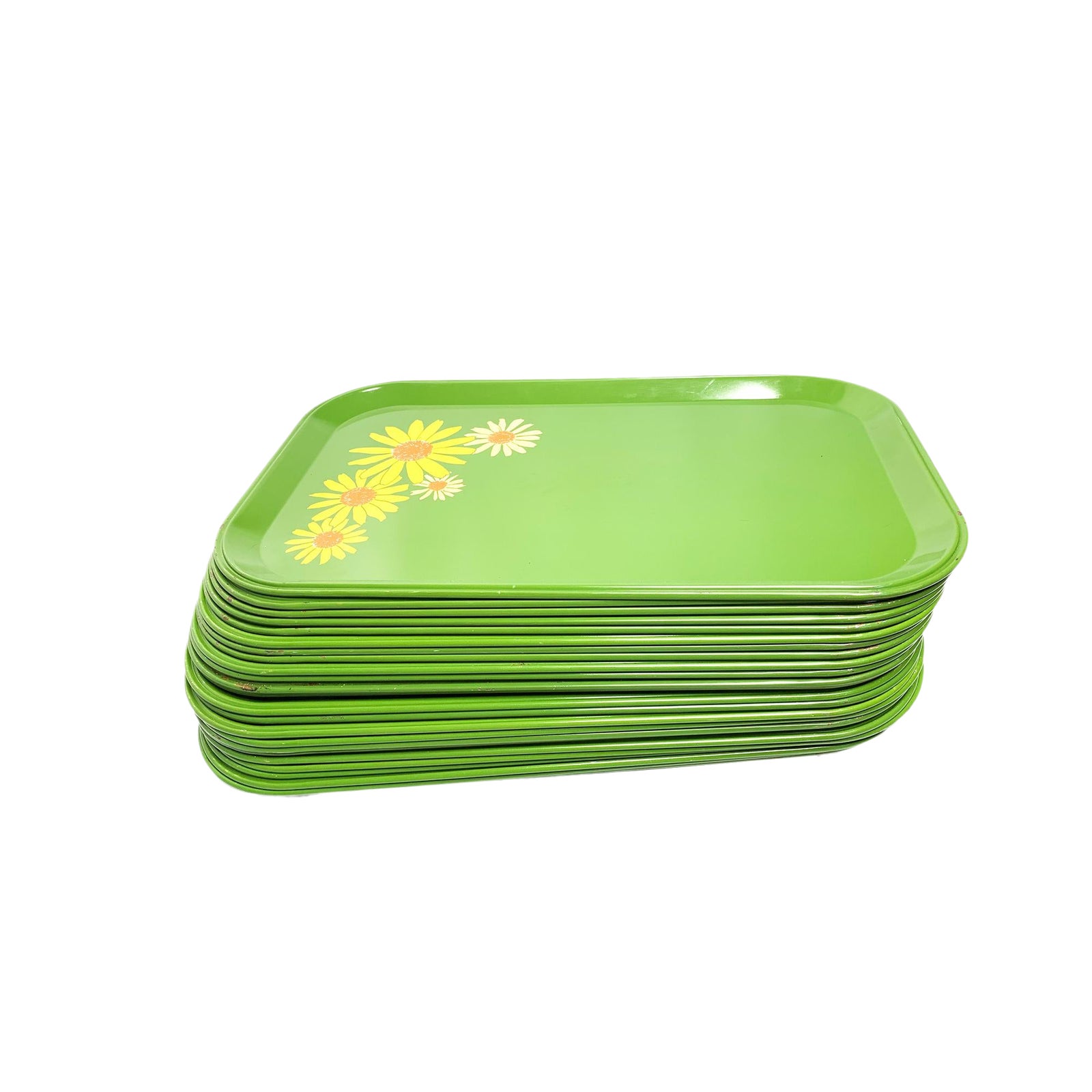 Vintage Mid Century Green Metal Snack Trays With Floral Designs, Made