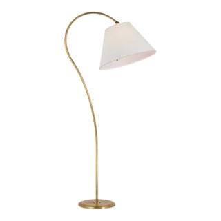 Amber Lewis for Visual Comfort Signature Dume Large Arched Floor Lamp in Hand-Rubbed Antique Brass with Linen Shade For Sale