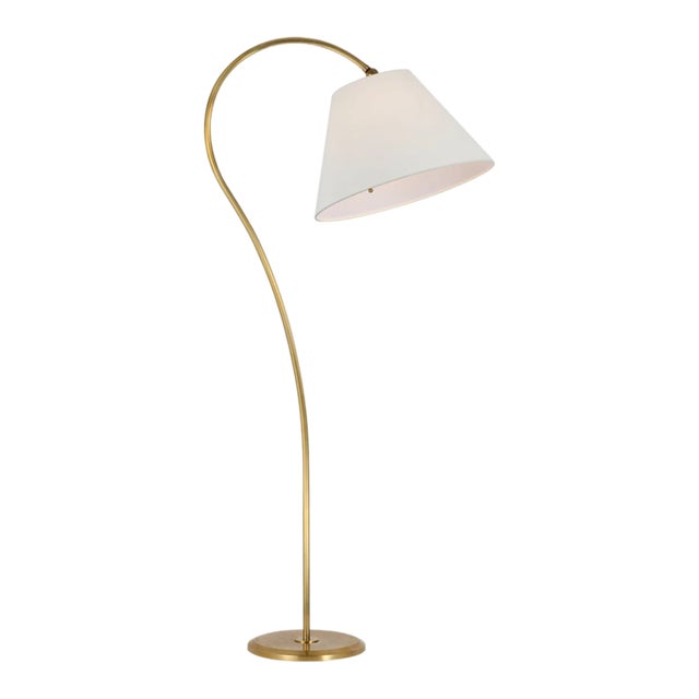 Amber Lewis for Visual Comfort Signature Dume Large Arched Floor Lamp in Hand-Rubbed Antique Brass with Linen Shade For Sale