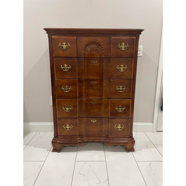 50” H x 36” L x 19” W Willing to negotiate. Cherry block-front chest with decorative shell carving and brass hardware. Top...