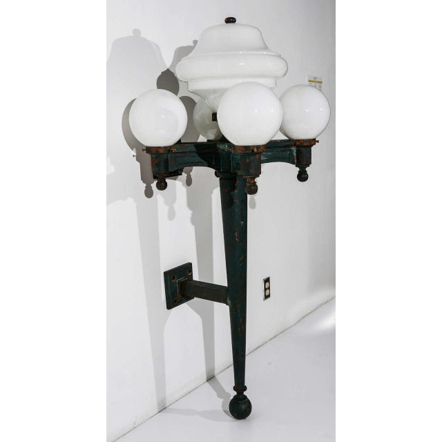 Metal 1910/20's Vintage Massive Cast Iron & Milk Glass Exterior Wall Sconces - A Pair For Sale - Image 7 of 11