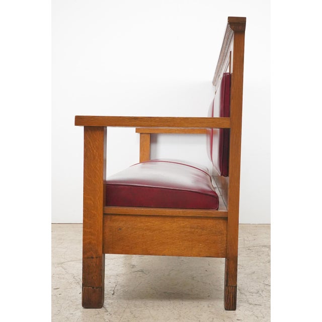 Mid 20th Century Reclaimed Mission 86.125 In. Golden Oak Red Vinyl Bench For Sale - Image 13 of 15