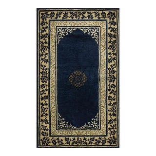 1920s Navy Blue Floral Medallion Antique Chinese Peking Small Rug 2' 7'' X4' 2'' For Sale