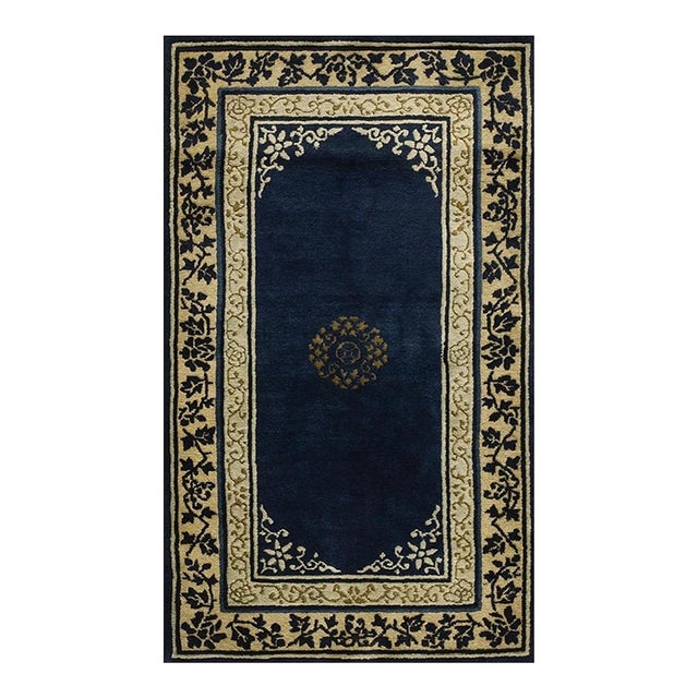 1920s Navy Blue Floral Medallion Antique Chinese Peking Small Rug 2' 7'' X4' 2'' For Sale