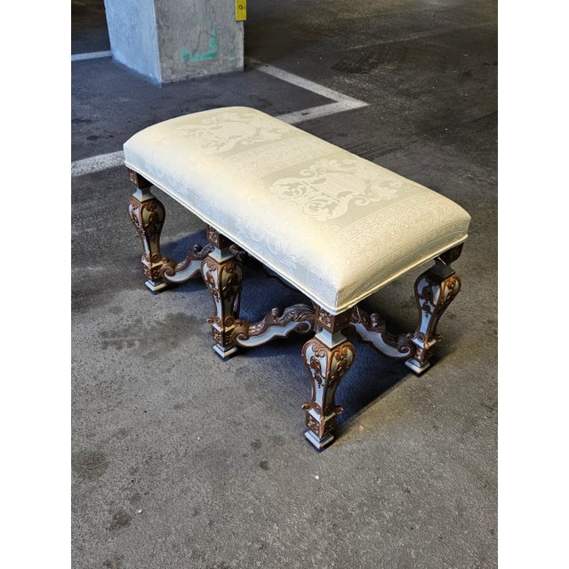 Italian Venetian Style Polychrome and Gilt Hand Carved Wood Bench For Sale - Image 3 of 10