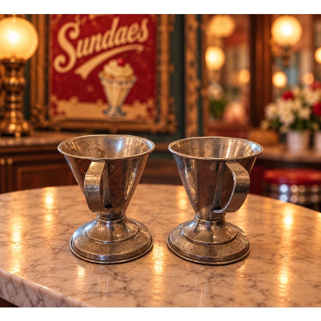 Art Deco Antique Vortex Art Deco Metal Soda Fountain Sundae Cup Holders – Pair For Sale - Image 3 of 6