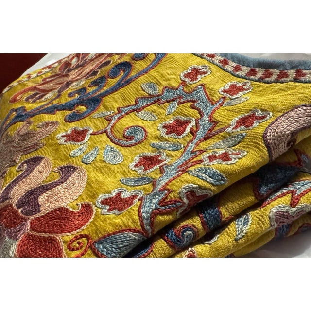 Textile 27” Uzbekistan Suzani Floral & Paisley Embroidered Silk Textile With Cotton Ikat Reverse For Sale - Image 7 of 12