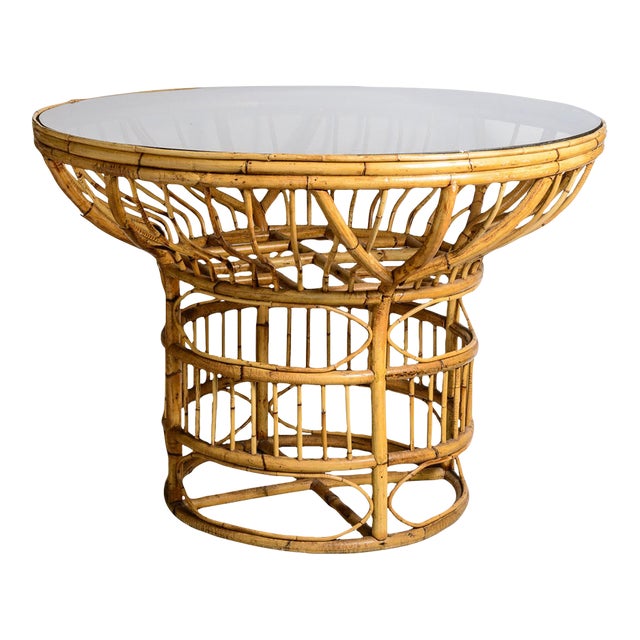 Mid Century Bamboo Rattan Center Table, Original Smoked Glass Top For Sale