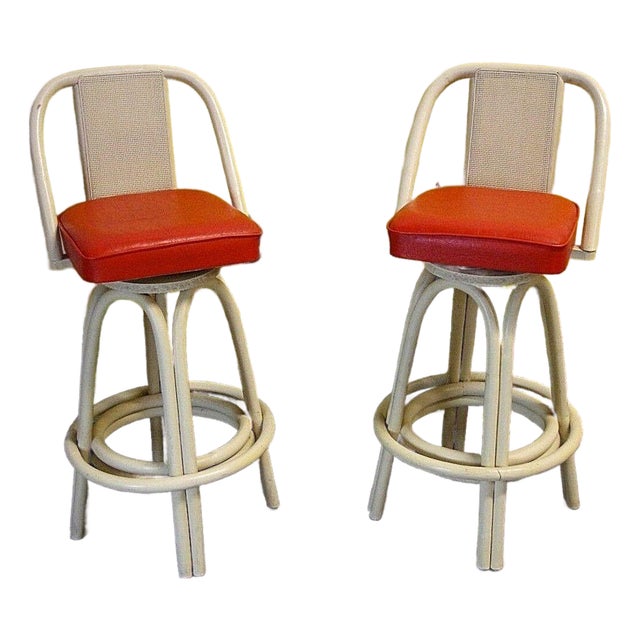 1960's Rattan Retro Mod Bamboo Cane Back Swivel Bar Stools Pair For Sale
