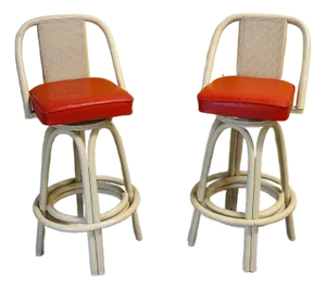 1960's Rattan Retro Mod Bamboo Cane Back Swivel Bar Stools Pair