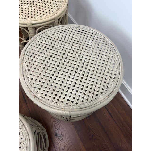 Coastal Set of 4 Vintage Rattan and Cane Accent Tables For Sale - Image 3 of 8