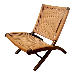 1960s Vintage Hans Wegner Style Mid Century Modern Rope Folding Chair For Sale