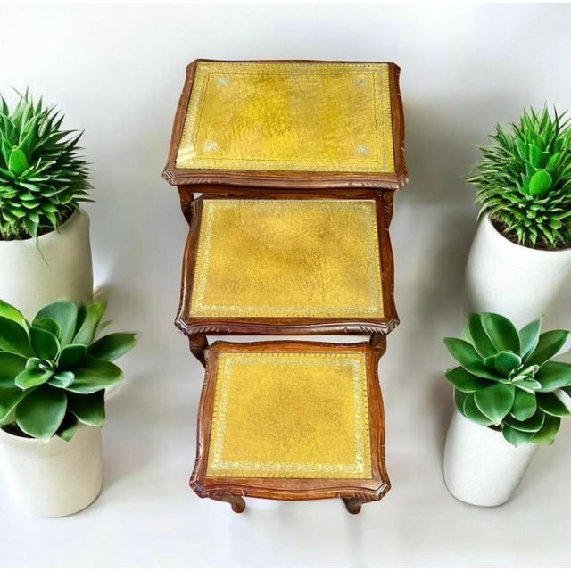 Wood Vintage Nesting Tables Set 3-Tooled Leather Top-Queen Anne Wood-Side-End-Accent For Sale - Image 7 of 11