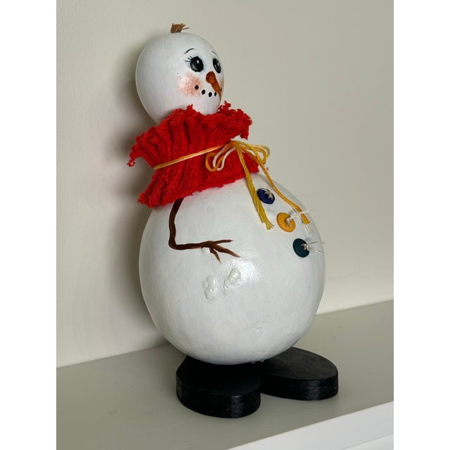 Vintage Arts & Crafts Holiday Snowman Hand Painted Gourd Art in White, Red & Black For Sale - Image 4 of 8