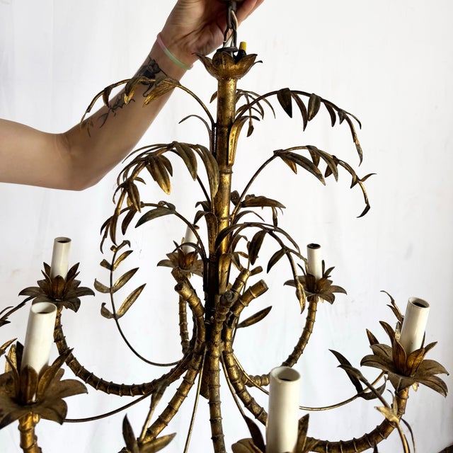 Hollywood Regency Vintage Hollywood Regency Gilt Faux Bamboo Metal Chandelier For Sale - Image 3 of 10