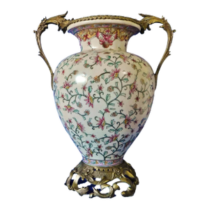 Vintage French Sevres Style Porcelain Urn Vase With Foliate Bronze Handles & Base