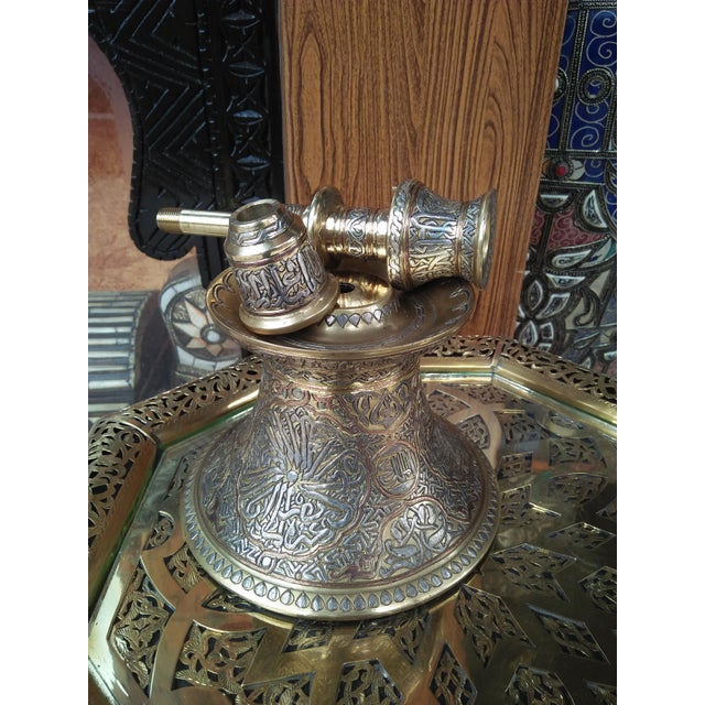 Arabia Vintage Middle Eastern Metal Candlesticks With Arabic Writing - a Pair For Sale - Image 4 of 11