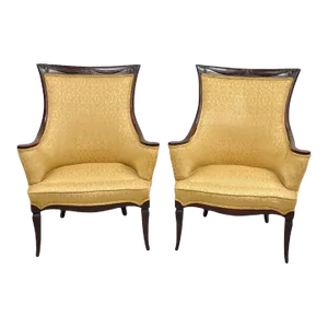 Mid 20th Century Vintage Hollywood Regency Drape Carved Mahogany Fireside Lounge Chairs - a Pair