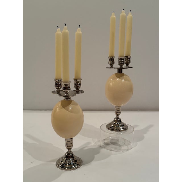 Elegant luxe pair of ostrich egg and silver plate candlesticks in the manner of Anthony Redmile.