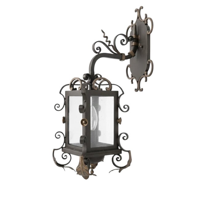 Vintage Spanish Revival Wrought Iron Outdoor Sconce Lantern With Gilt Accents For Sale - Image 4 of 7