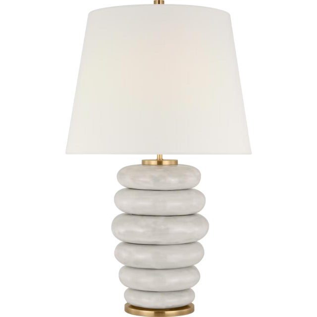 Transitional Kelly Wearstler by Visual Comfort Signature Phoebe Cordless Stacked Table Lamp in Antiqued White Ceramic with Linen Shade For Sale - Image 3 of 3