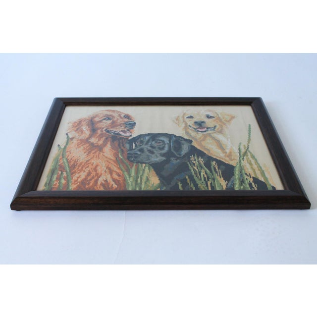 Vintage custom framed Labrador and Retriever hunting dog needlepoint. No makers mark. Minor age wear. Ready to hang.