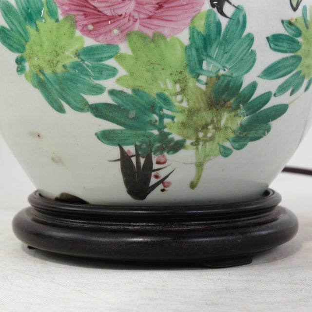 Famille Rose Antique Porcelain Vase Lamp With Bird and Floral Motif on Wood Base For Sale - Image 10 of 15