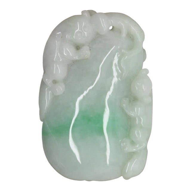 Lucky Feng Shui Jade Pendant With Three Pixie Figure Play on Eggplant For Sale