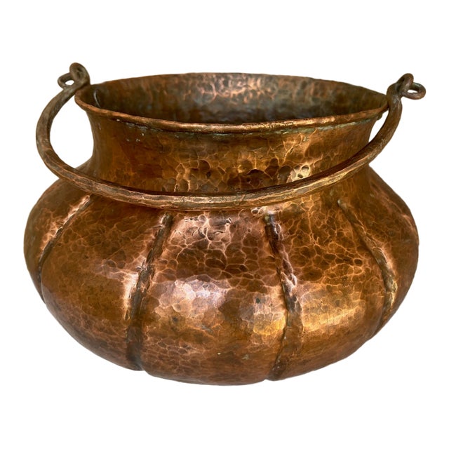 Large Antique Hammered Copper Cauldron For Sale