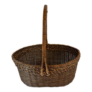 Vintage Woven Basket With Fixed Handle For Sale