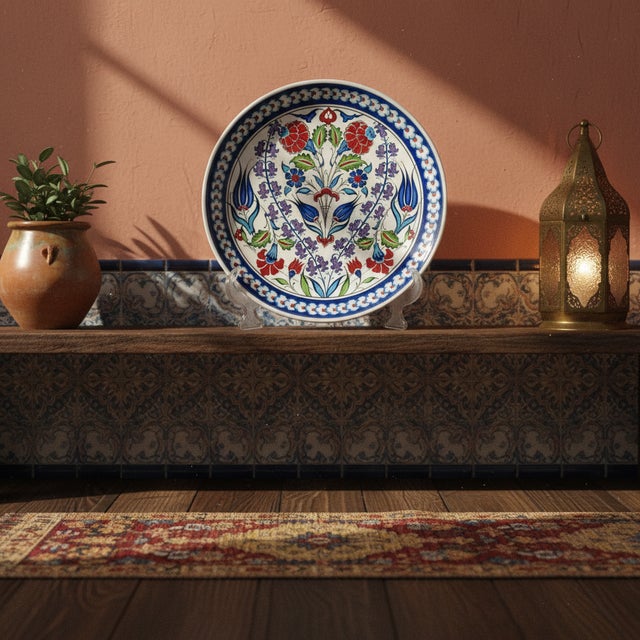 Turkish Handmade Ceramic Iznik Plate (Classic Floral Style) Red Rose and Hyacinth Pattern For Sale - Image 3 of 8