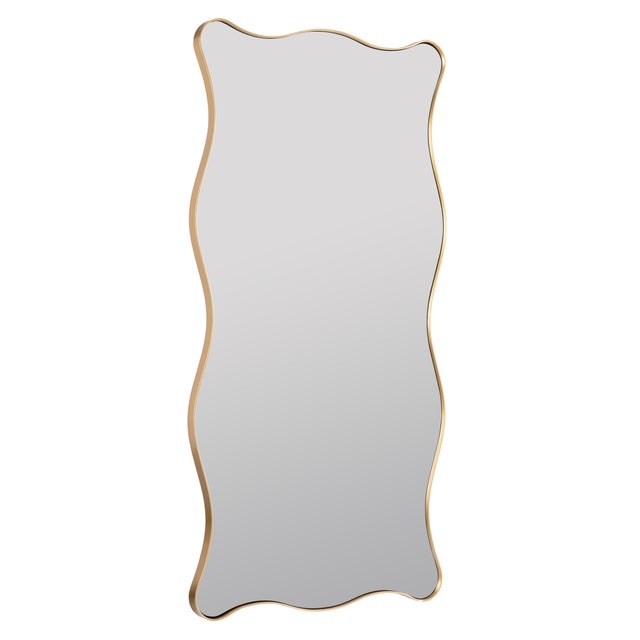 Timeless wavy wall mirror with a thin gold frame. Material: Metal Item Bevel: No Hanger Type: D-Ring Hangs Both Ways: Yes...