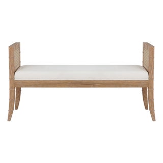 Matthew Izzo Home Benedict Cerused Oak Square Edge Bamboo Detail Bench With Caned Sides and Linen Cushion For Sale