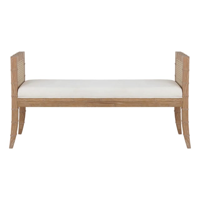 Matthew Izzo Home Benedict Cerused Oak Square Edge Bamboo Detail Bench With Caned Sides and Linen Cushion For Sale