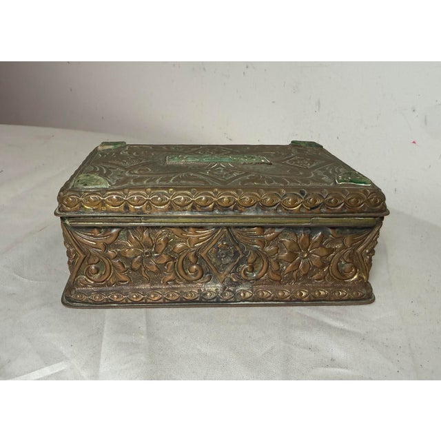 Antique 19th Century Hand Tooled Copper Carved Jade Stone Wood Cigarette Box For Sale - Image 11 of 13