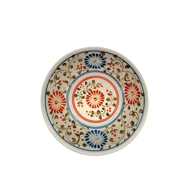 Contemporary Set of 2 Bat Trang Vietnamese Ceramic Multipurpose Bowls Hand Painted With Floral Red, Blue & Orange Botanical Motifs For Sale - Image 3 of 8