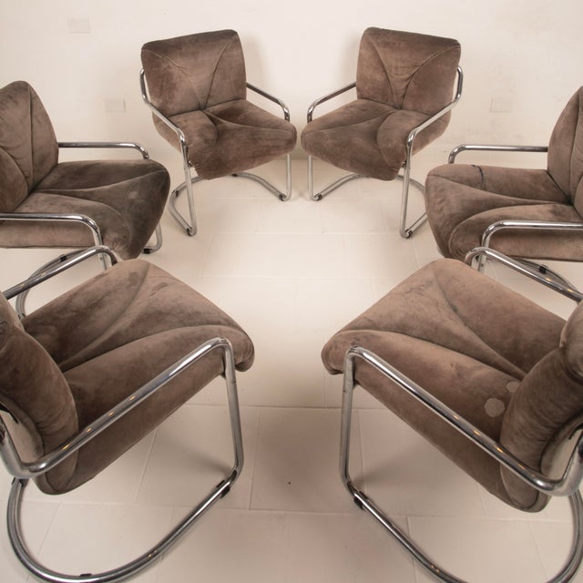 Italian Astro Chrome and Taupe Suede Armchairs by Guido Faleschini for I4 Mariani, 1979, Set of 6 For Sale - Image 11 of 18