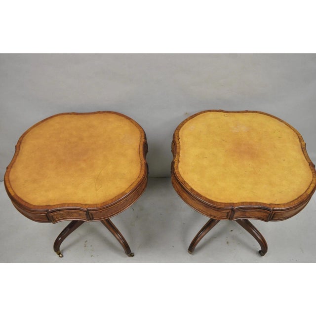 Wood Vintage English Regency Leather Top Mahogany Drum End Table W/ 4 Drawers - Pair For Sale - Image 7 of 18