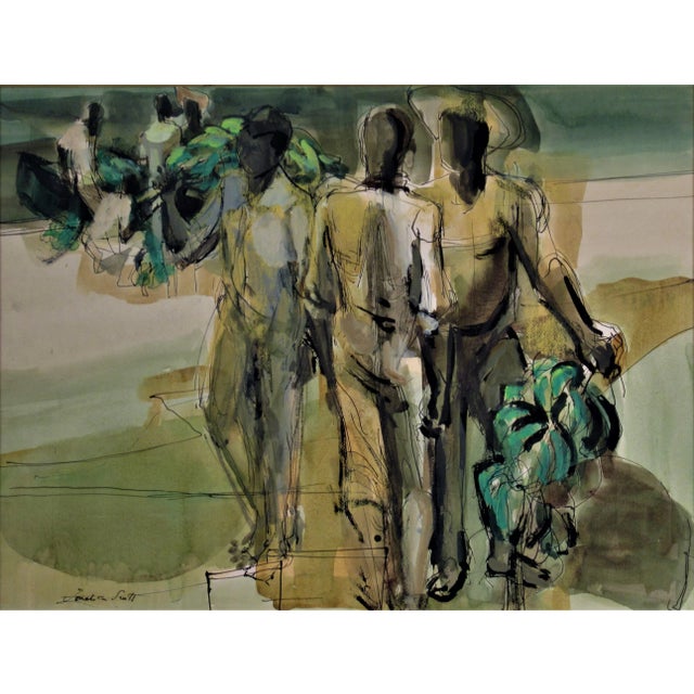 This artwork "Banana Market" c.1960 is a watercolor on paper by noted British/American artist Jonathan Hartley Folliot...