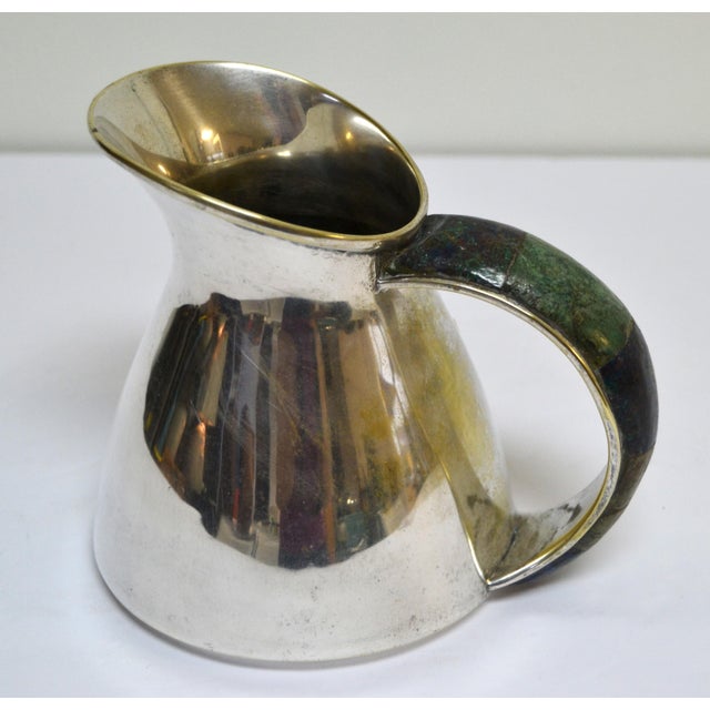 1960s Los Castillo Taxco Silver Plate Jug Pitcher With Stone Decor Bird Flowers For Sale In Miami - Image 6 of 12