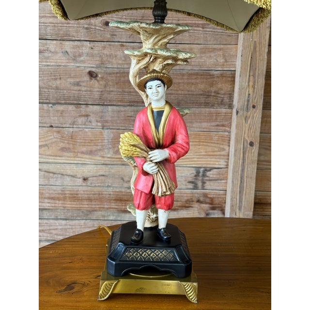 Chinoiserie Chelsea House Chinoiserie Figural Table Lamps With Black Shades - a Pair For Sale - Image 3 of 12