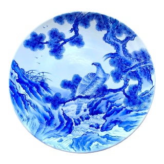 Mid 20th Century Monumental Japanese Blue & White Porcelain Charger With Hawk & Pine Landscape For Sale